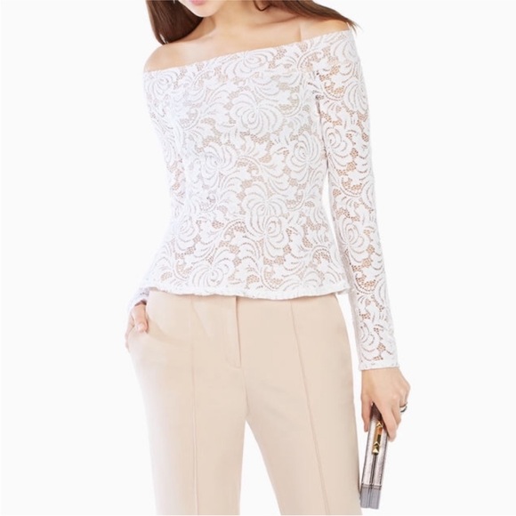 BCBGMaxazria Alea White Lace Nude Off the Shoulder Blouse Size Medium - Picture 2 of 9